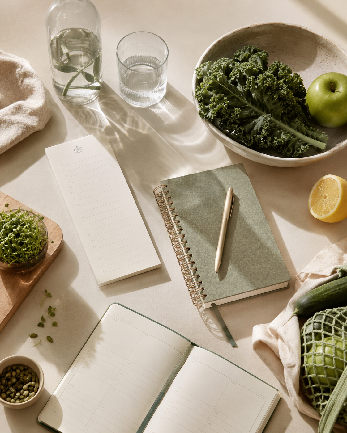 Mesa organizada com planner, água e alimentos saudáveis para planejamento da rotina