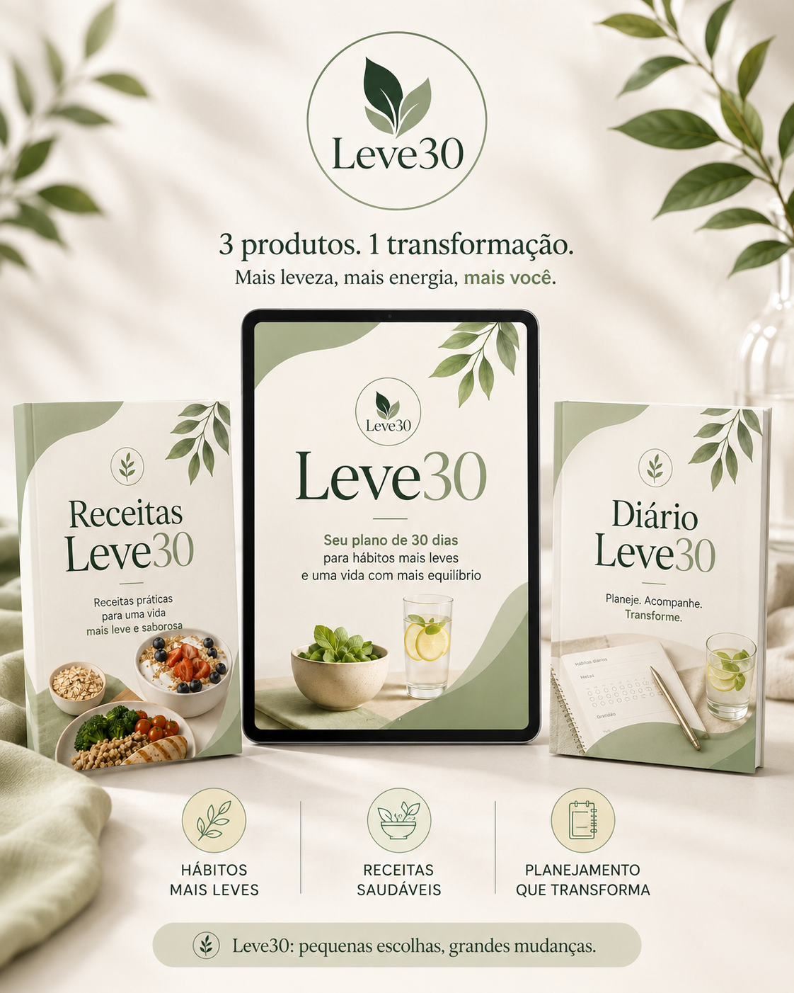 Mockup dos produtos digitais Método Leve30, Receitas Leve30 e Diário de Transformação Leve30
